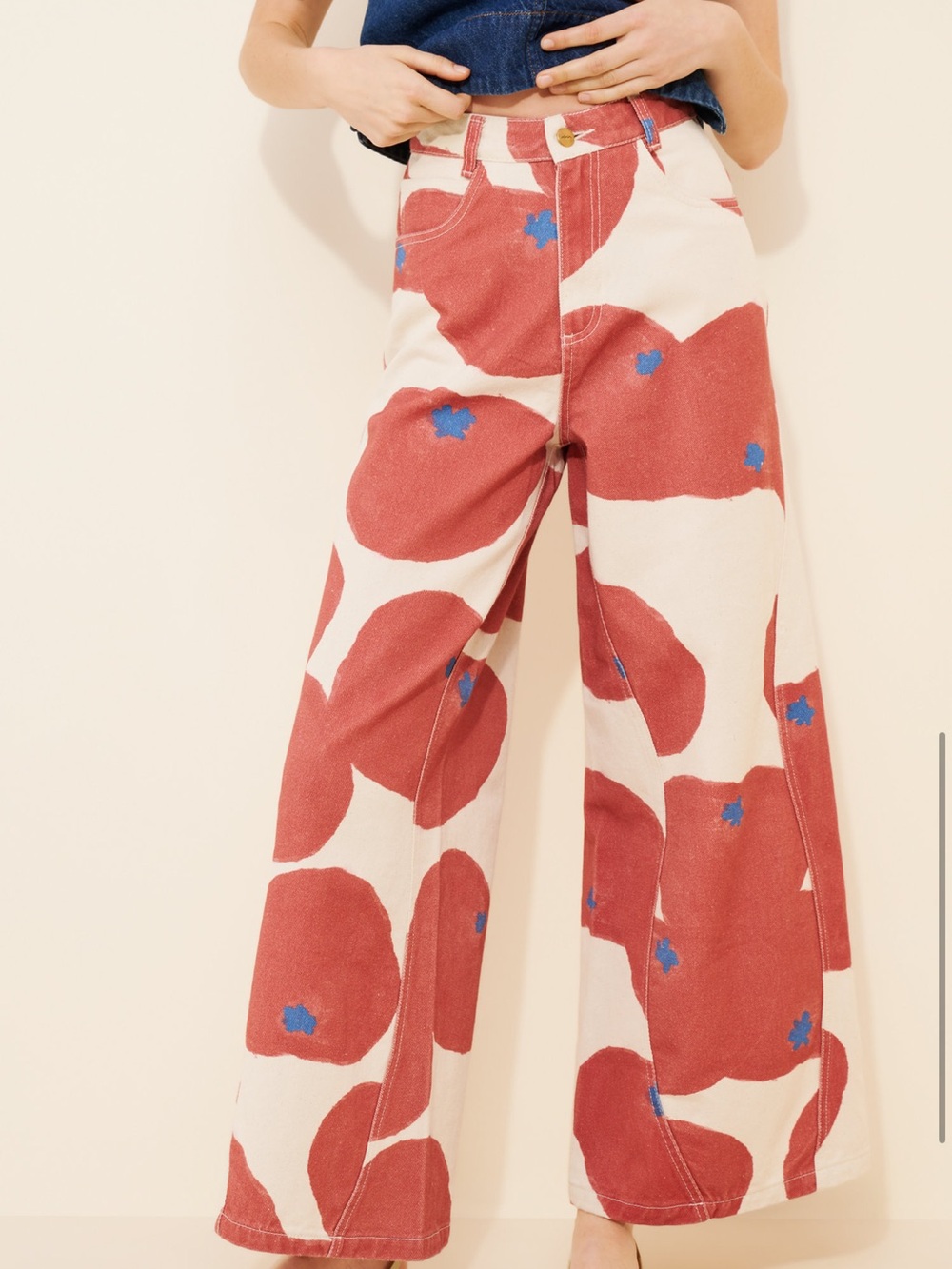 SIXXTA Fun Maxi Jeans Size 12 Wide Leg Floral Print Pants in Cream and Red